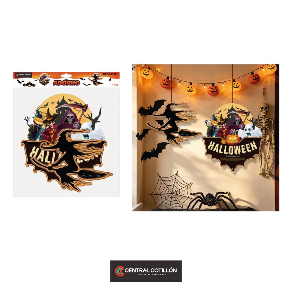 Adorno colgante Halloween bruja y castillo