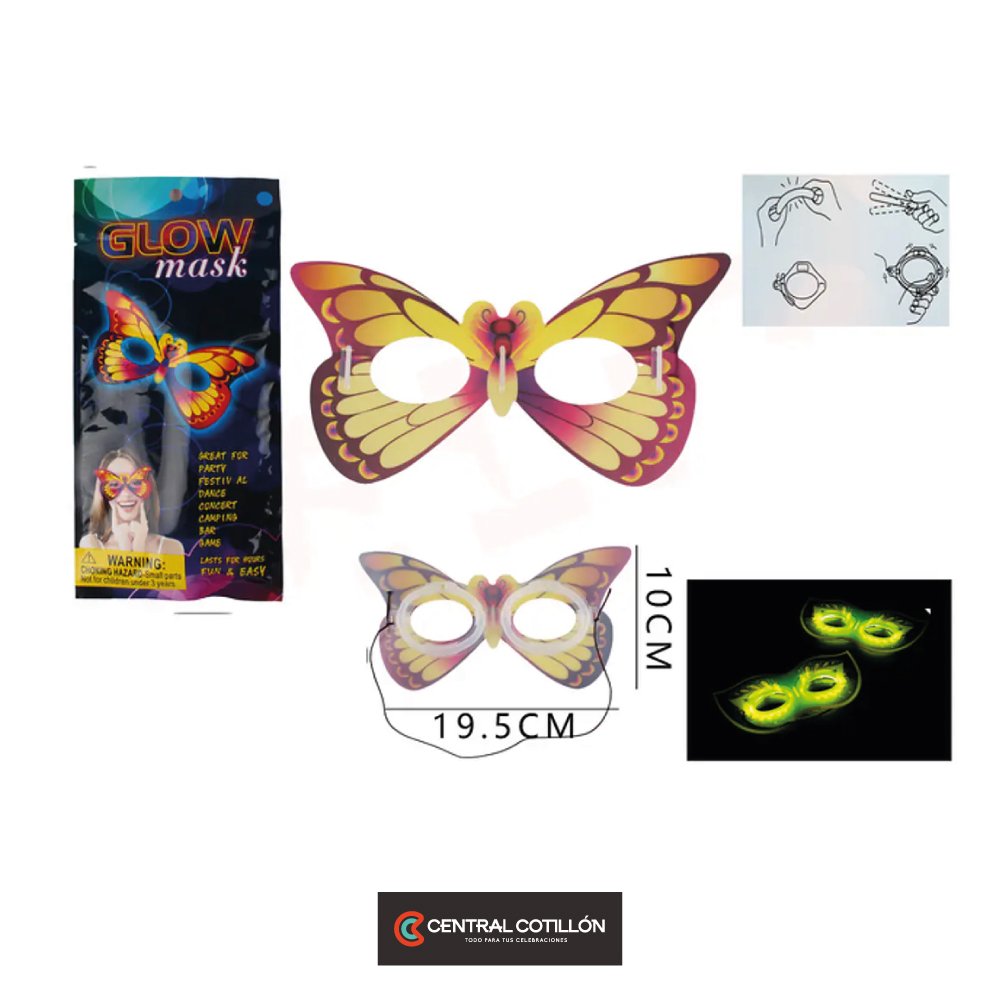 Antifaz Mariposa Fluorescente 10x19.5 cm, 1 un