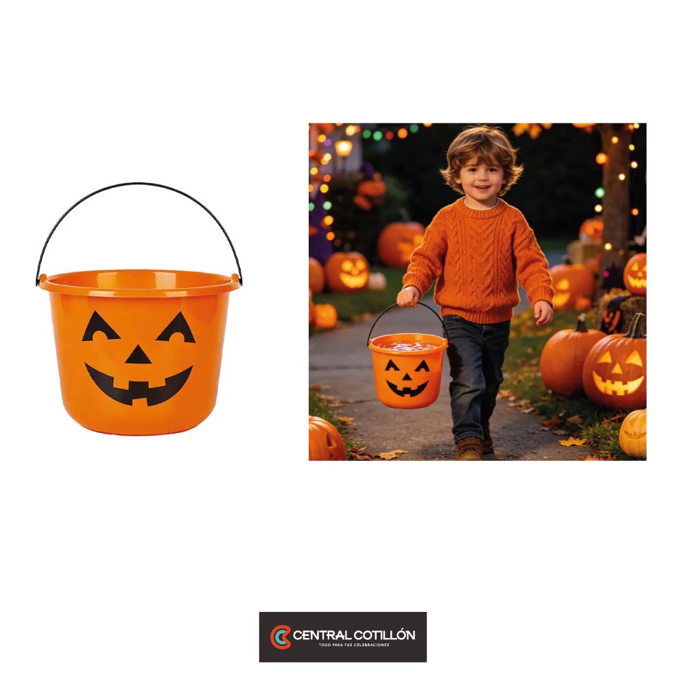 Balde plástico para dulces Halloween calabaza naranja 22x16.5cm