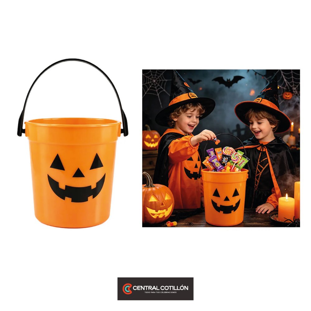 Balde plástico para dulces Halloween calabaza cónica naranja 13x22 cms