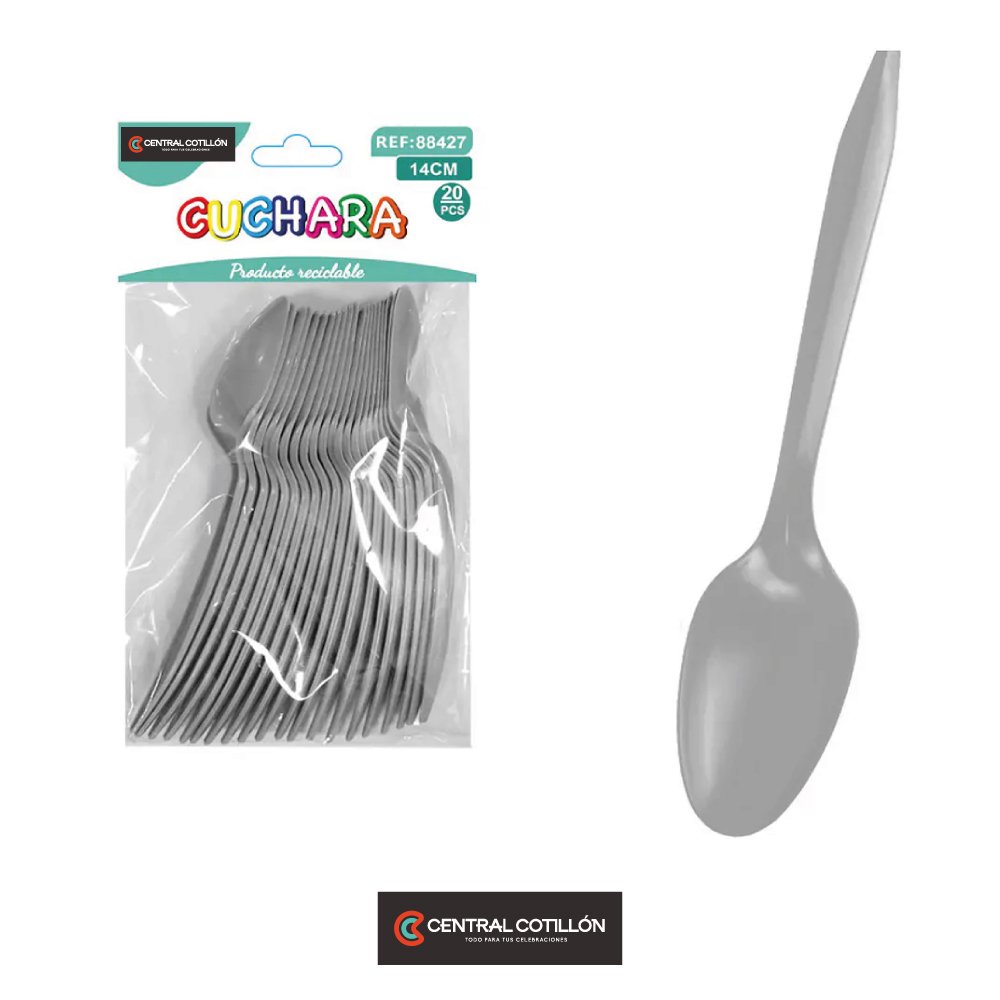 Cucharas plásticas desechables plateado 14 cm, 20 pcs