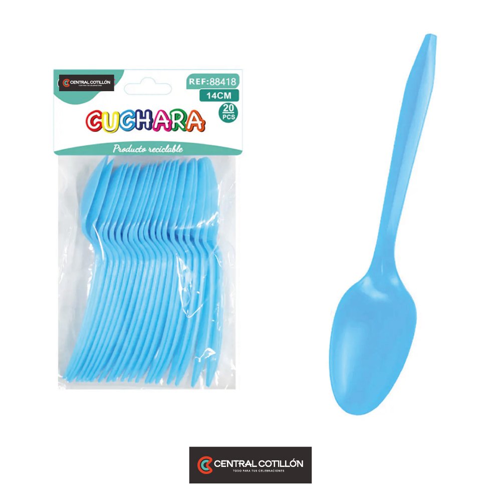 Cucharas plásticas desechables celeste 14 cm, 20 pcs