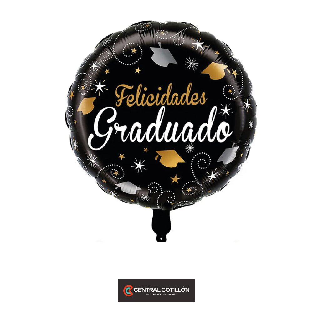 Globo metálico redondo Felicidades graduado, negro y dorado, 45 cms