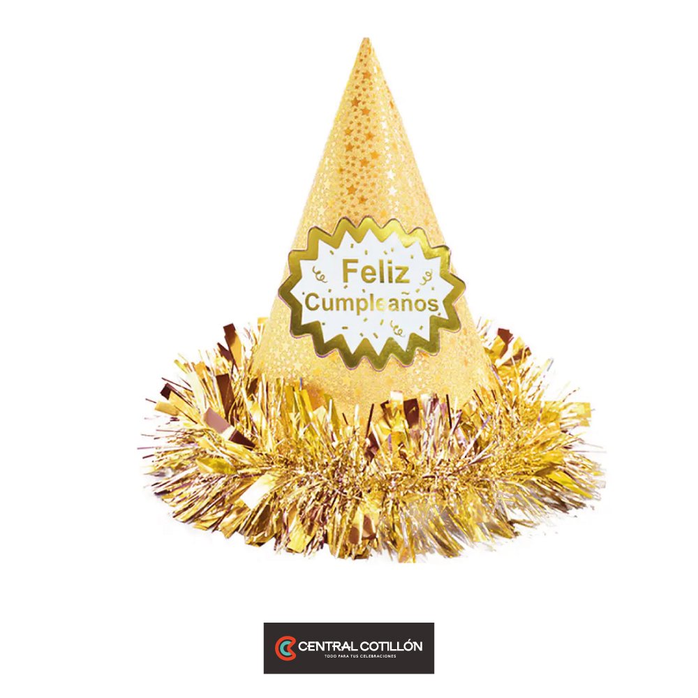 Gorro cotillón feliz cumpleaños dorado, 24 cm