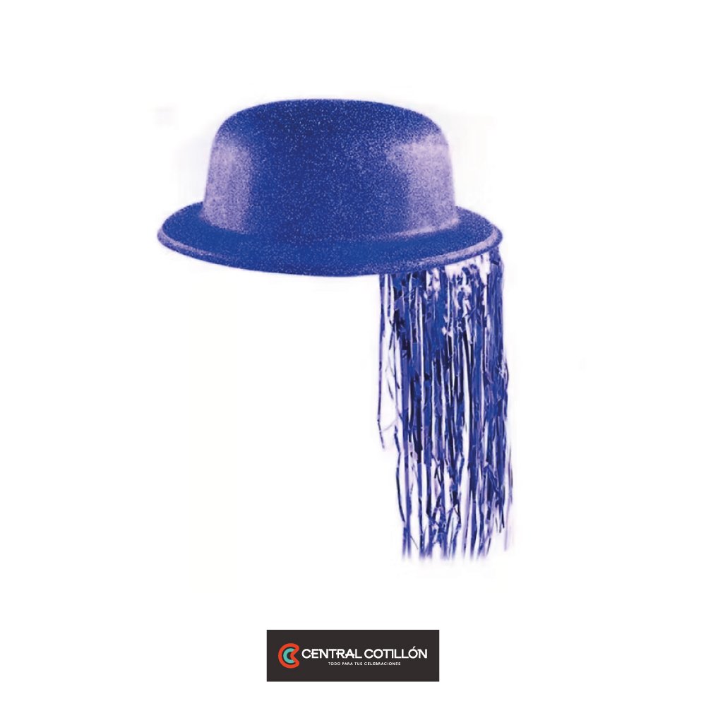 Sombrero de fiesta redondo Azul glitter con flecos