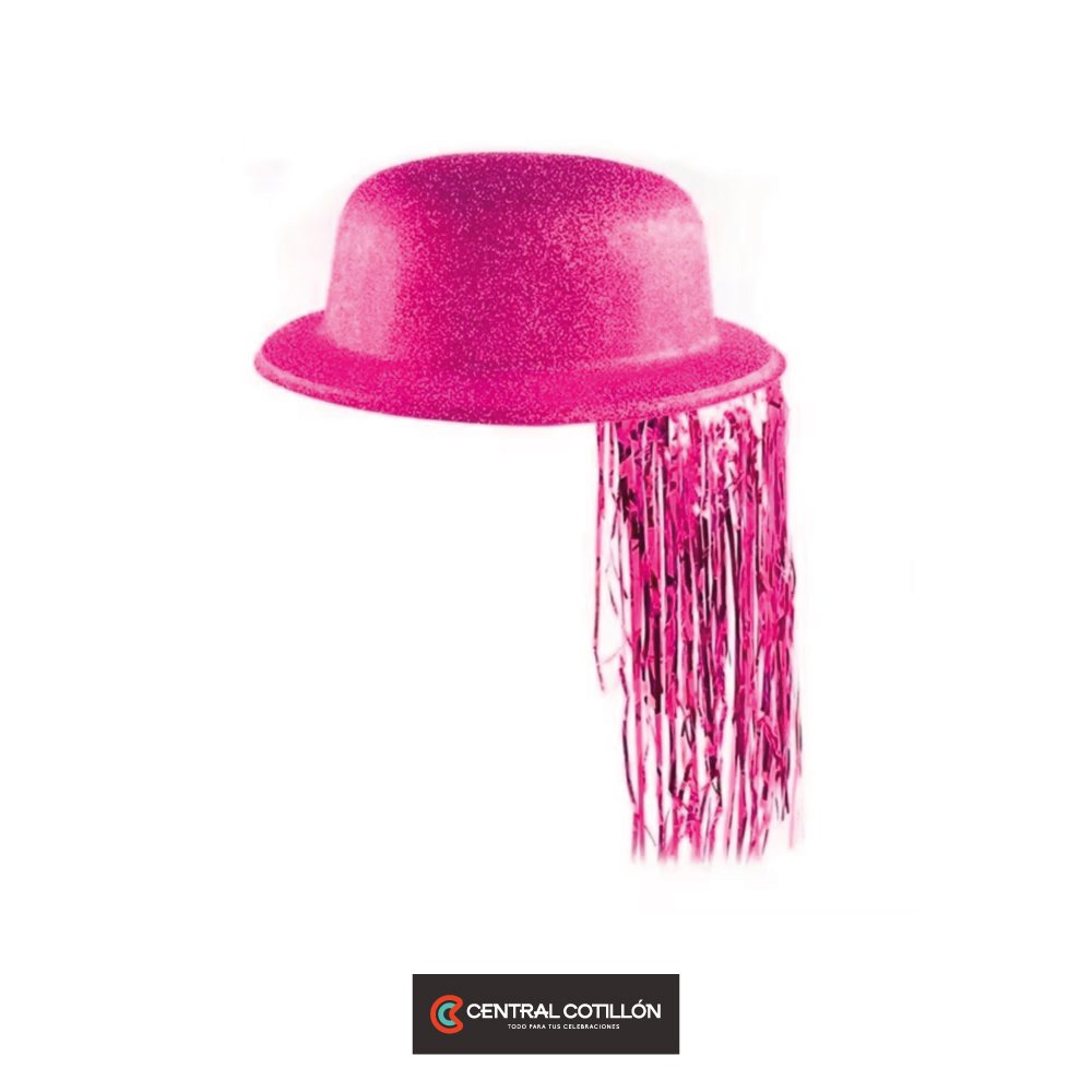Sombrero de fiesta redondo fucsia glitter con flecos