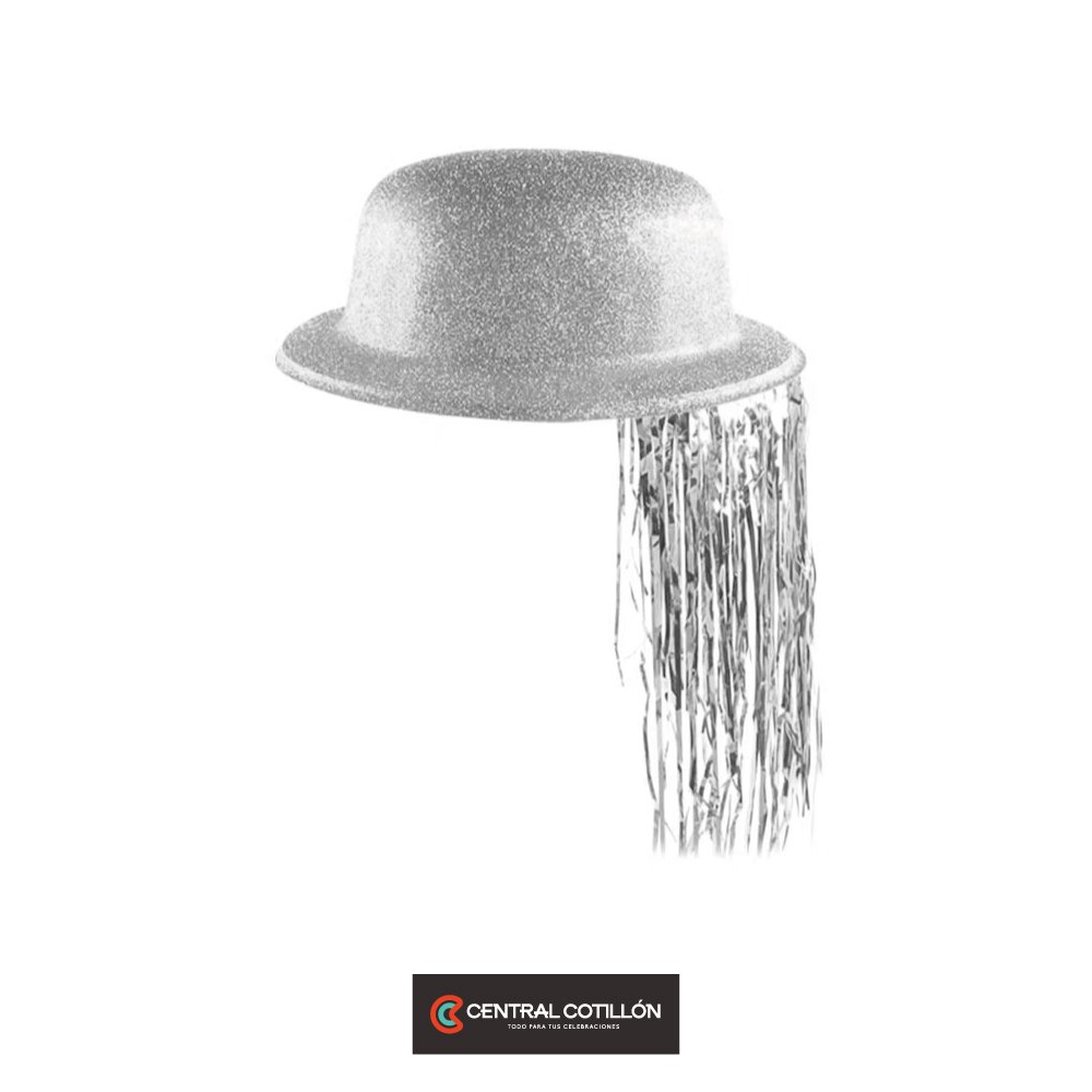 Sombrero de fiesta redondo gris glitter con flecos