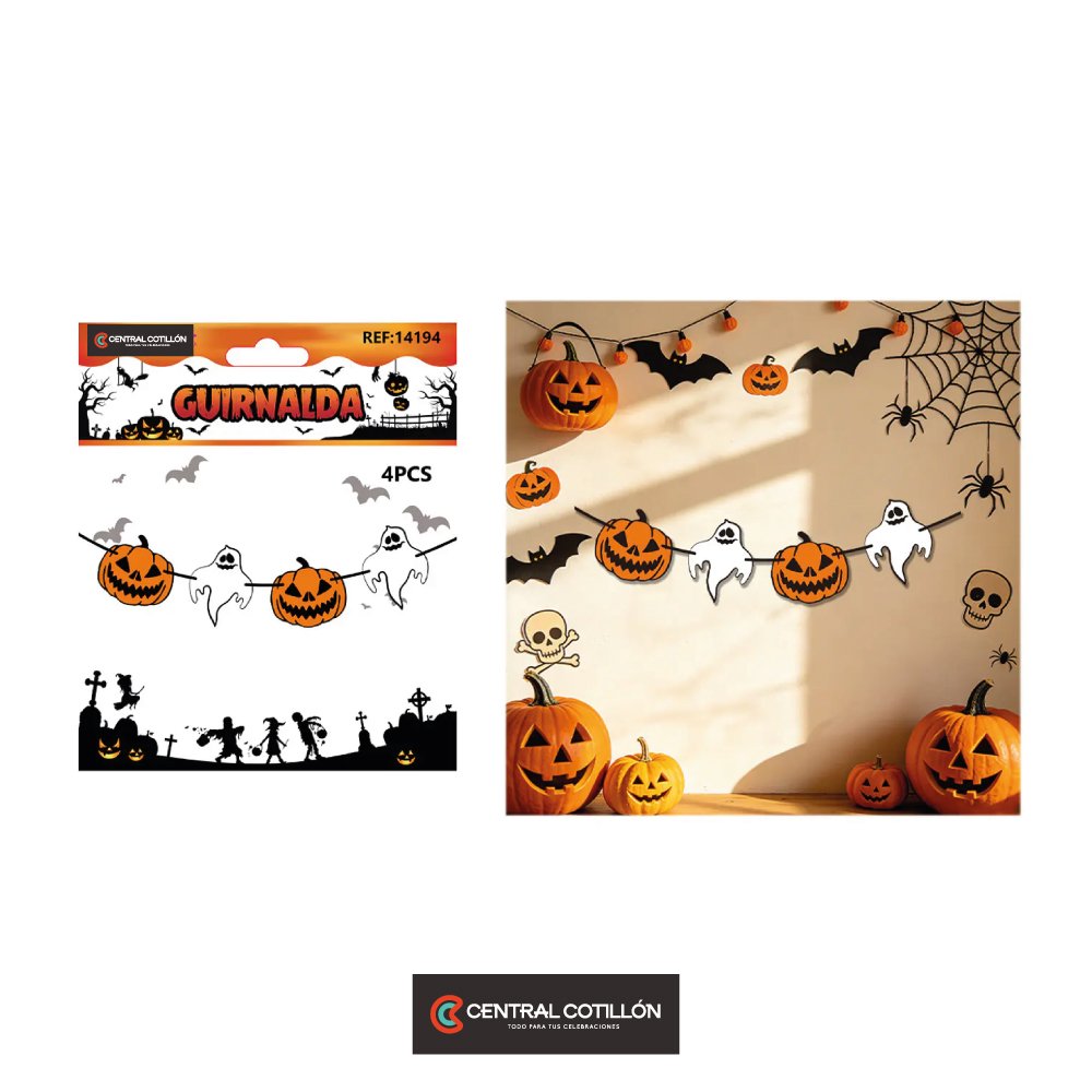 Guirnalda Halloween calabazas y fantasmas, 3 mts, 4 piezas.