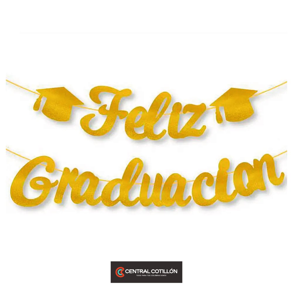 Guirnalda Feliz Graduación con birretes dorada, 3 mts, 1 un.
