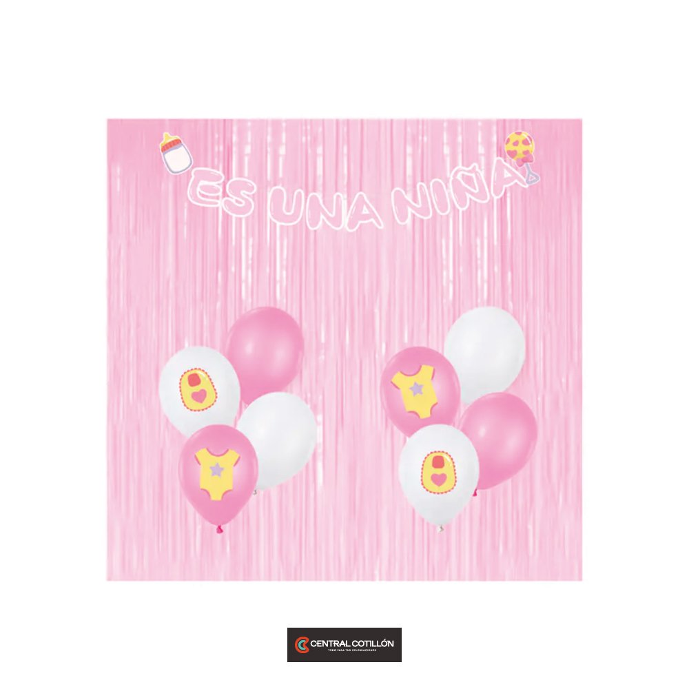 Set de globos y cortina revelacion de sexo Rosado, 11 piezas
