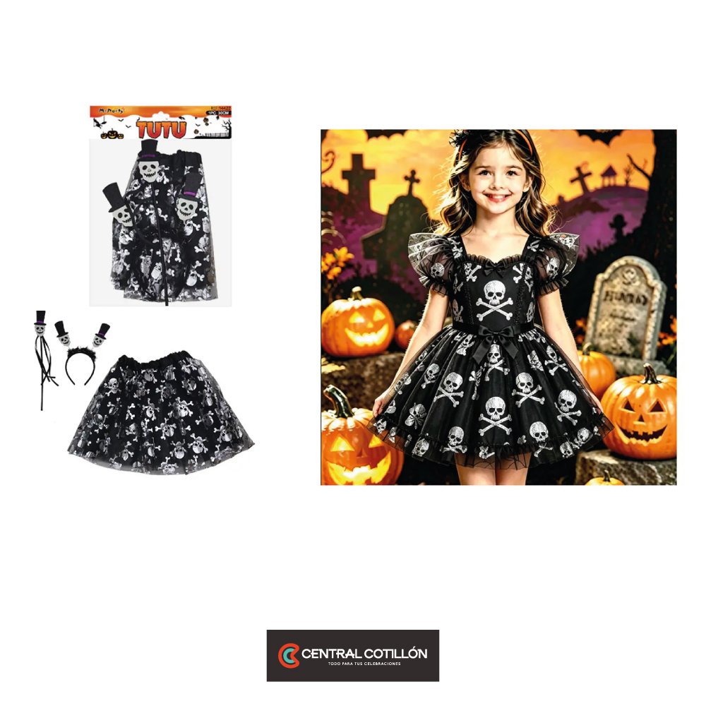 Set de disfraz calavera con tutú, cintillo y varita 3pcs
