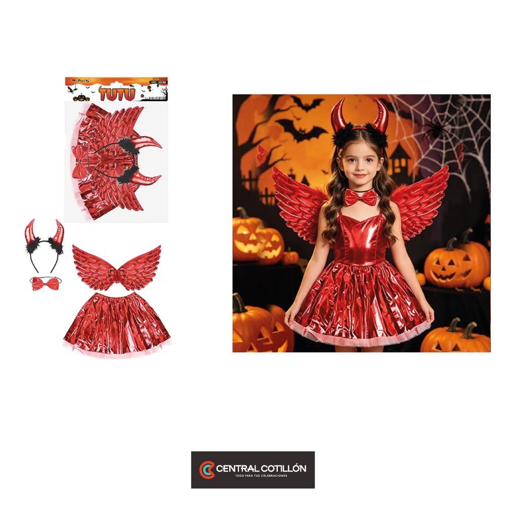 Set de disfraz diablita metálico con tutú, alas, cintillo y corbatín 4pcs