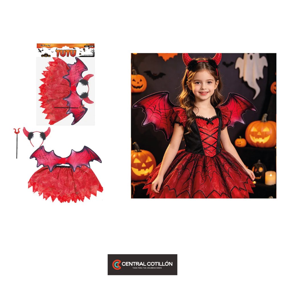 Set de disfraz diablita con tutú, alas, cintillo y varita 4pcs