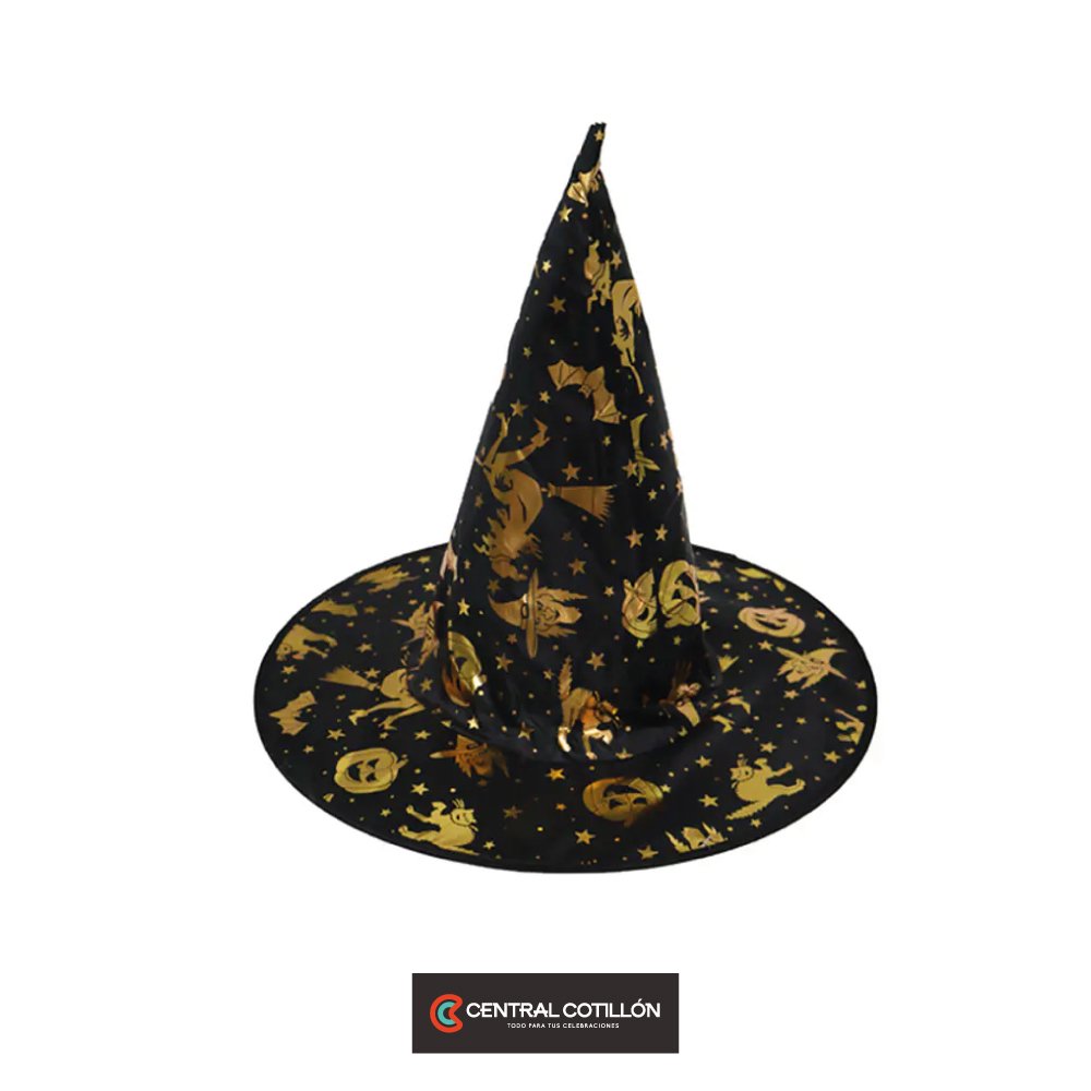 Sombrero de bruja Halloween negro con dorado