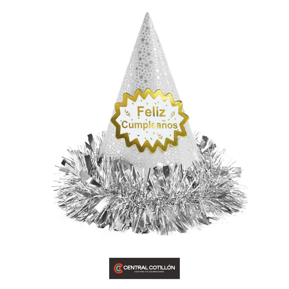 Gorro cotillón feliz cumpleaños plateado 24 cm