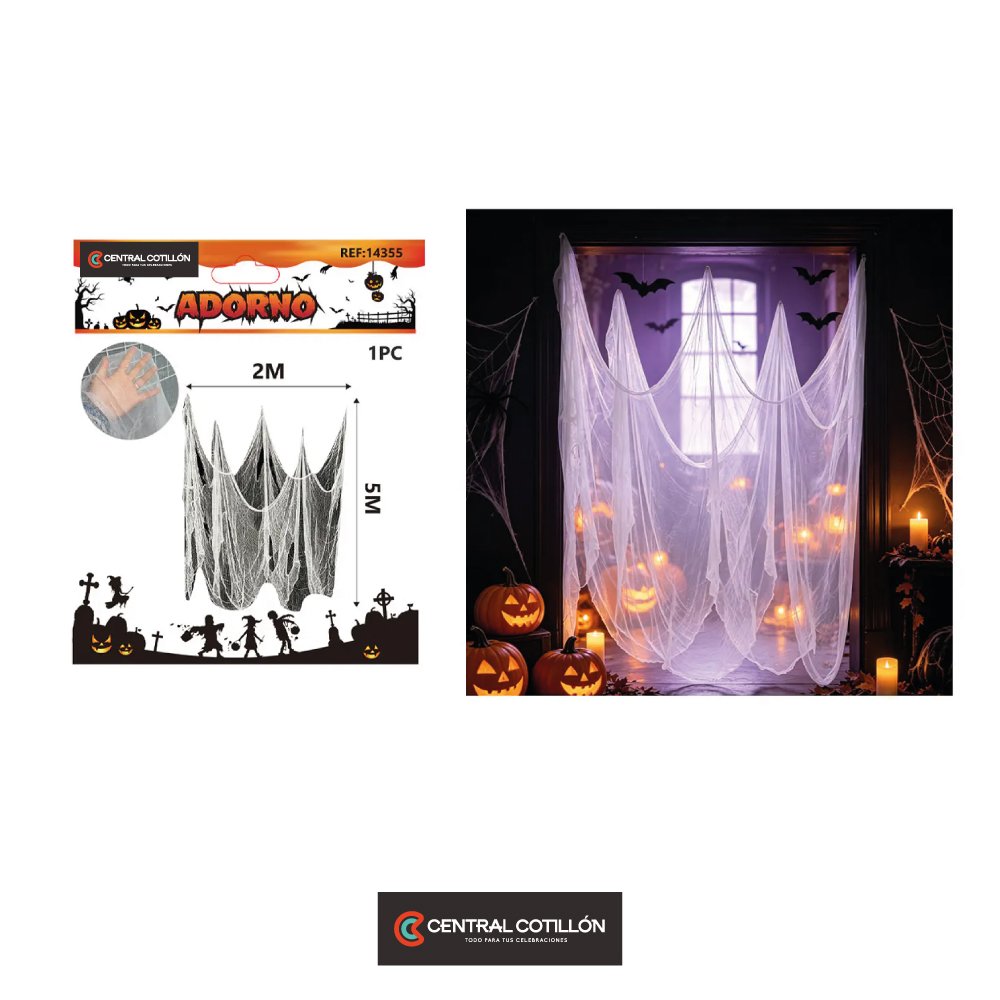 Tela decorativa gasa desgarrada Halloween blanca, 2x5 mts, 1 un.