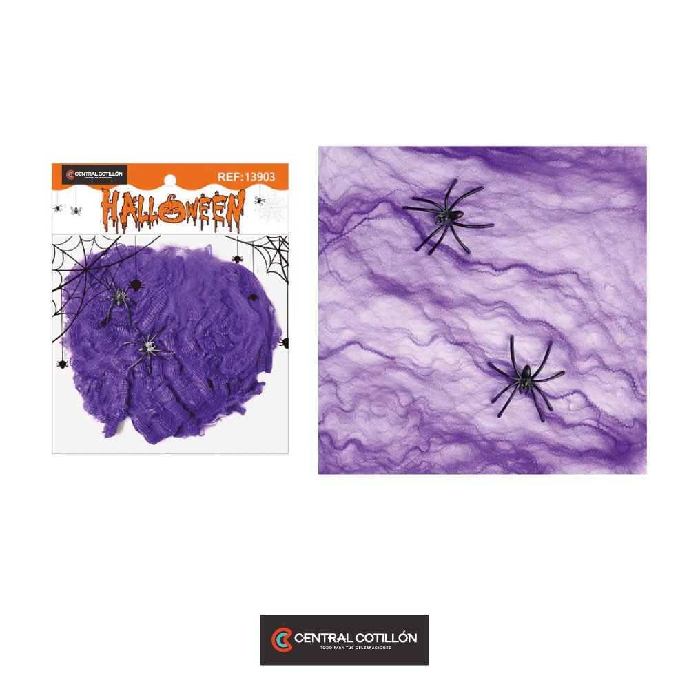Algodón de telaraña morado Halloween con 2 arañas