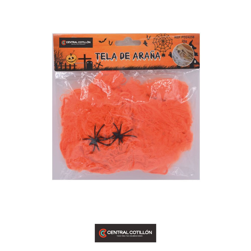 Algodón de telaraña Naranjo Halloween con arañas