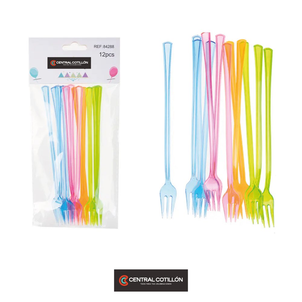 Tenedores plástico con manga larga multicolores, 15.5 cm, 12 pcs